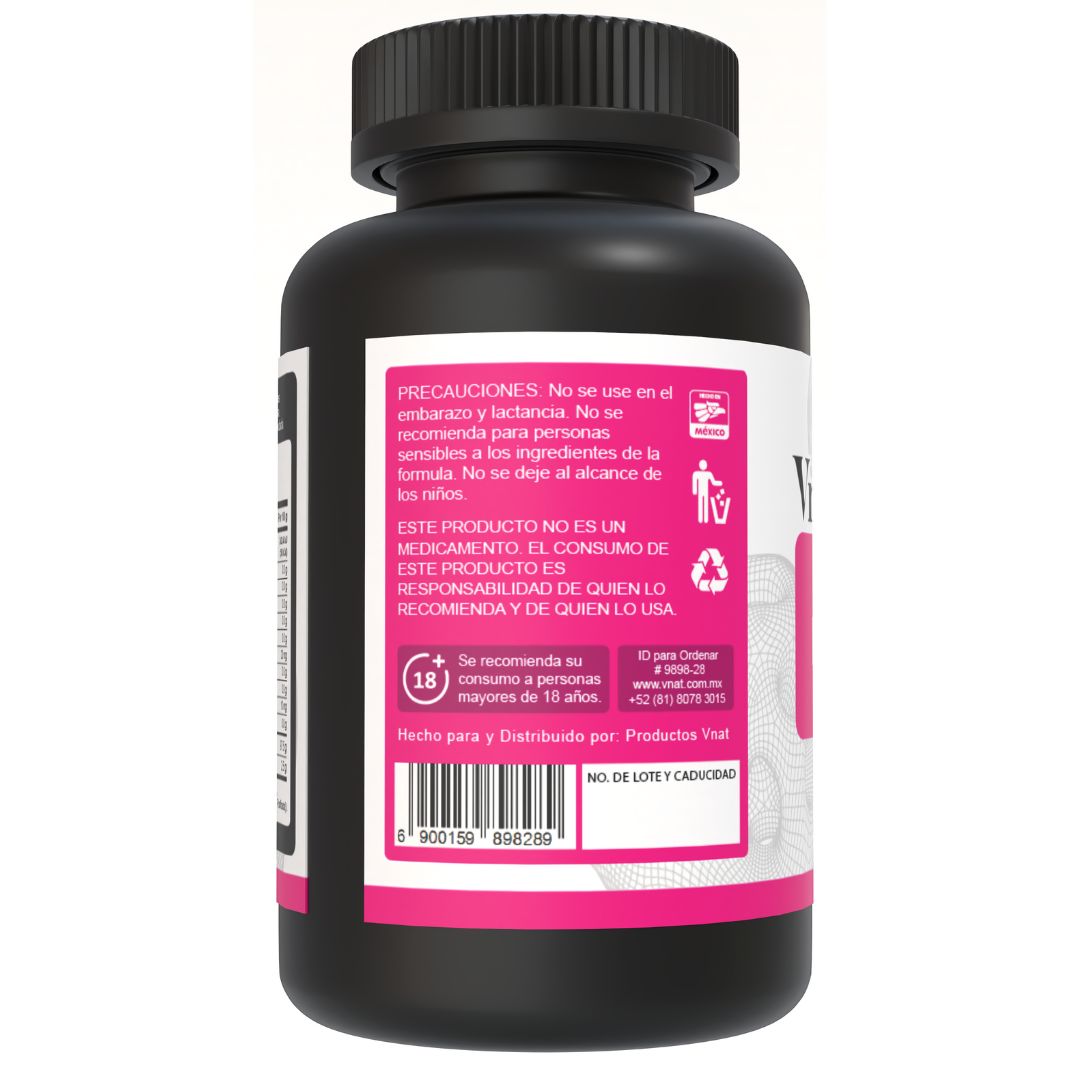 Bote de MYO y D-Chiro Inositol con 240 cápsulas, mostrando el uso y precauciones en el lado izquierdo.