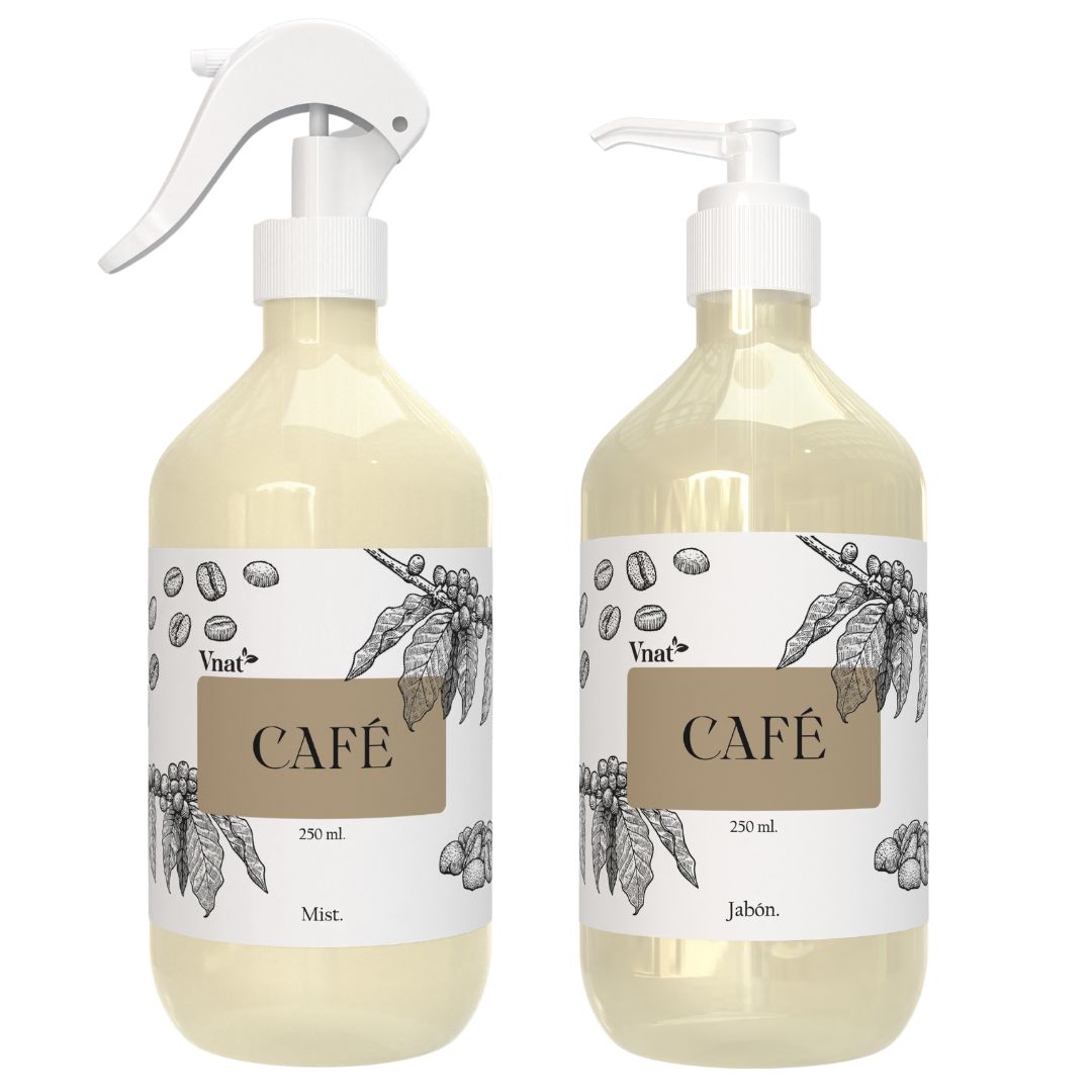Etiquetas del kit de mist y jabón de café de Vnat, color marrón claro con dibujos de granos de café y ramas.