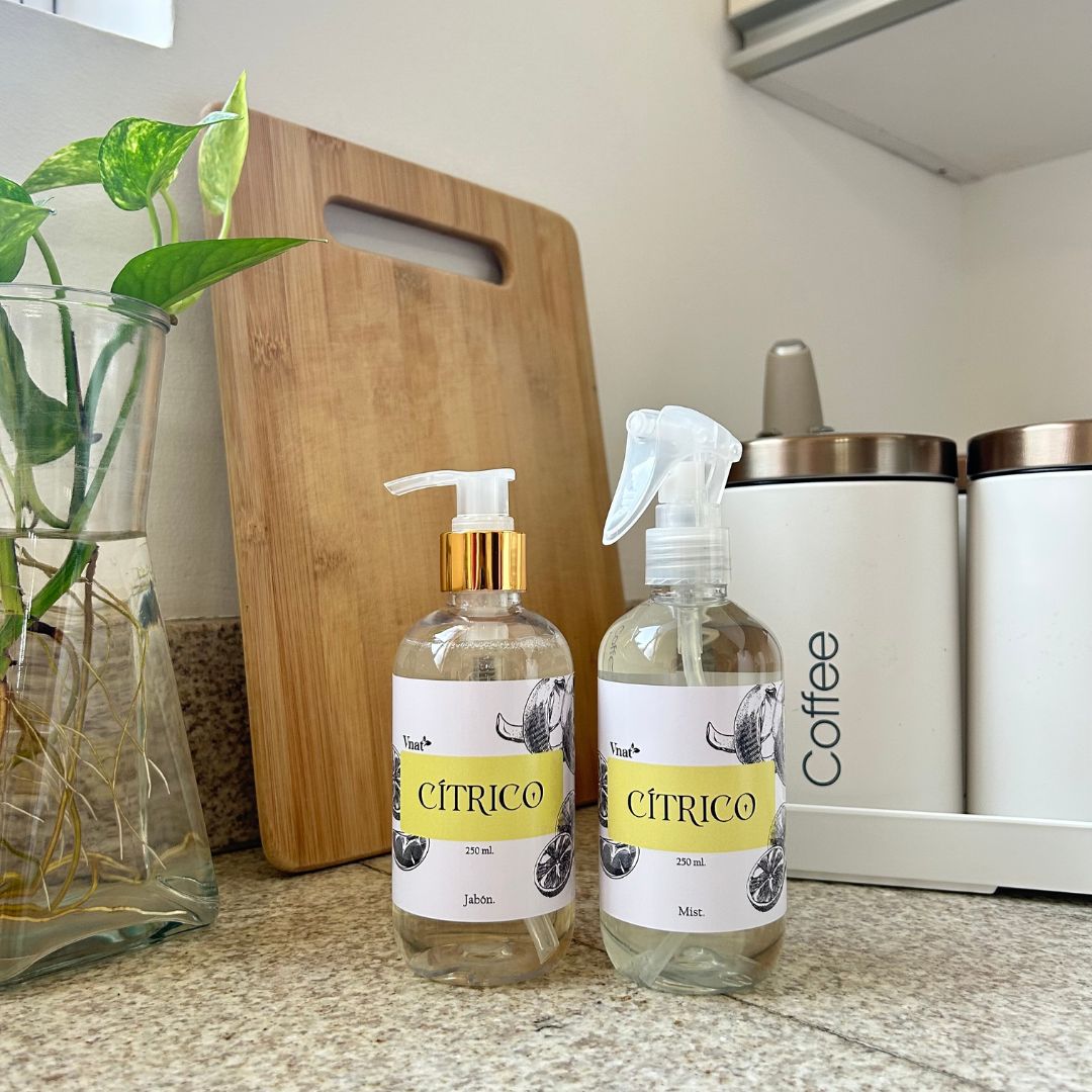 Kit de mist y jabón de cítrico de Vnat, frascos de 250 ml en una cocina junto a un jarrón con plantas y recipientes de café.