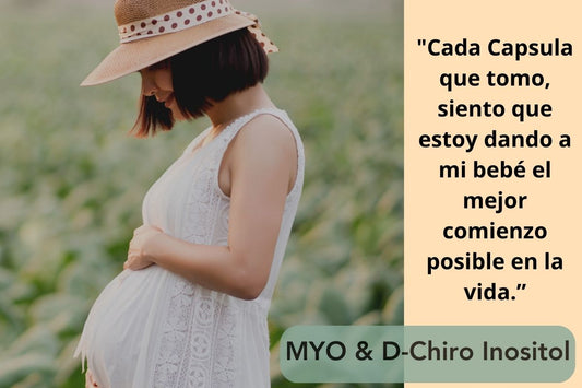 Una mujer embarazada tocándose el vientre mientras está en un campo, acompañada de la frase "Cada cápsula que tomo, siento que estoy dando a mi bebé el mejor comienzo posible en la vida" y el nombre del suplemento MYO & D-Chiro Inositol.