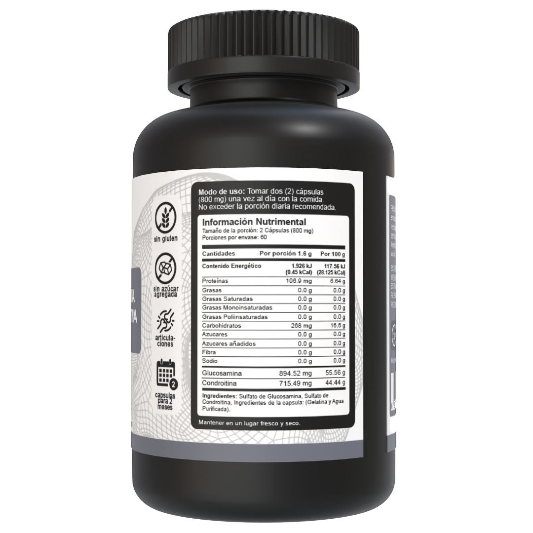 Bote de glucosamina y condroitina de 1600mg con 120 cápsulas, mostrando la tabla nutrimental en el lado derecho.