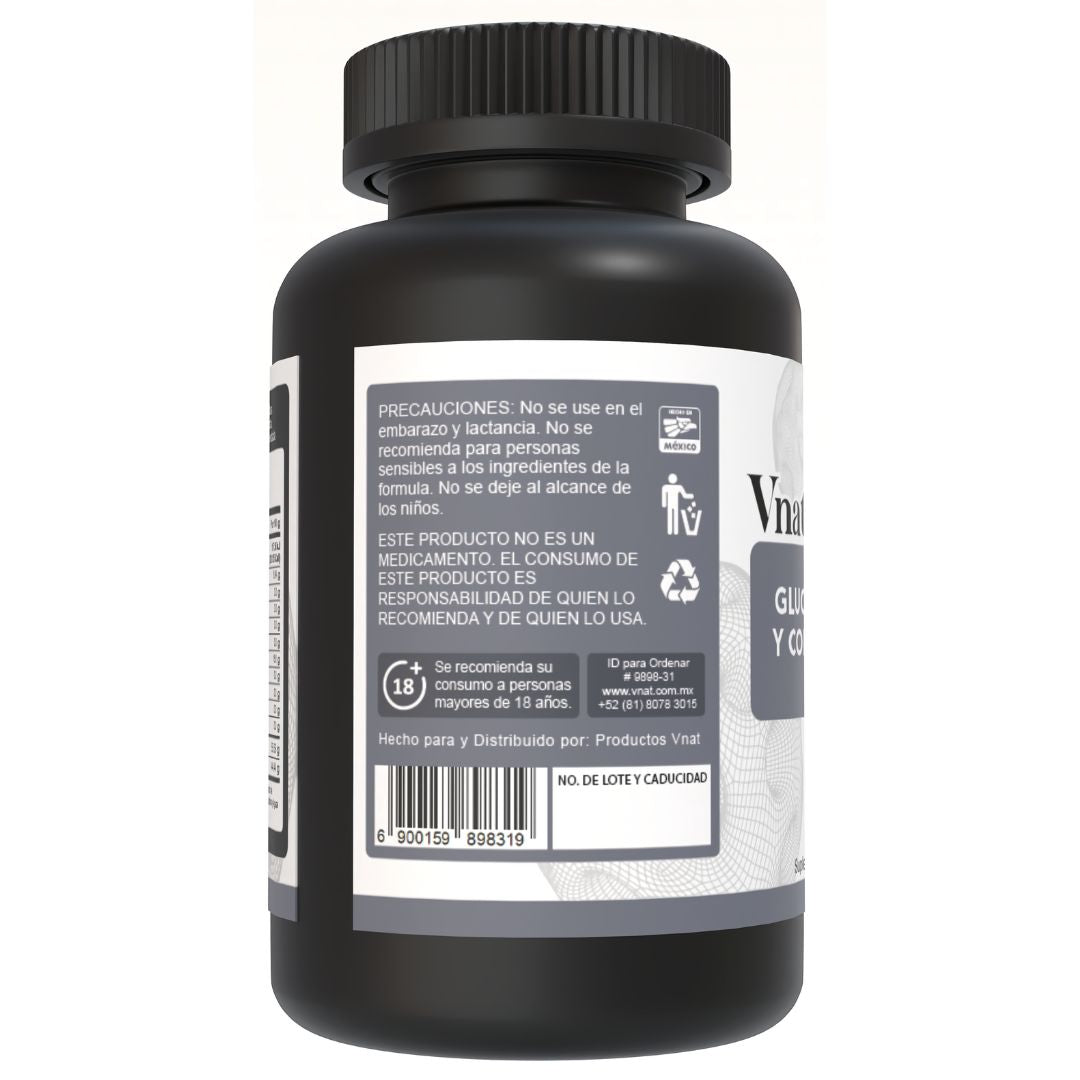 Bote de glucosamina y condroitina de 1600mg con 120 cápsulas, mostrando el uso y precauciones en el lado izquierdo.