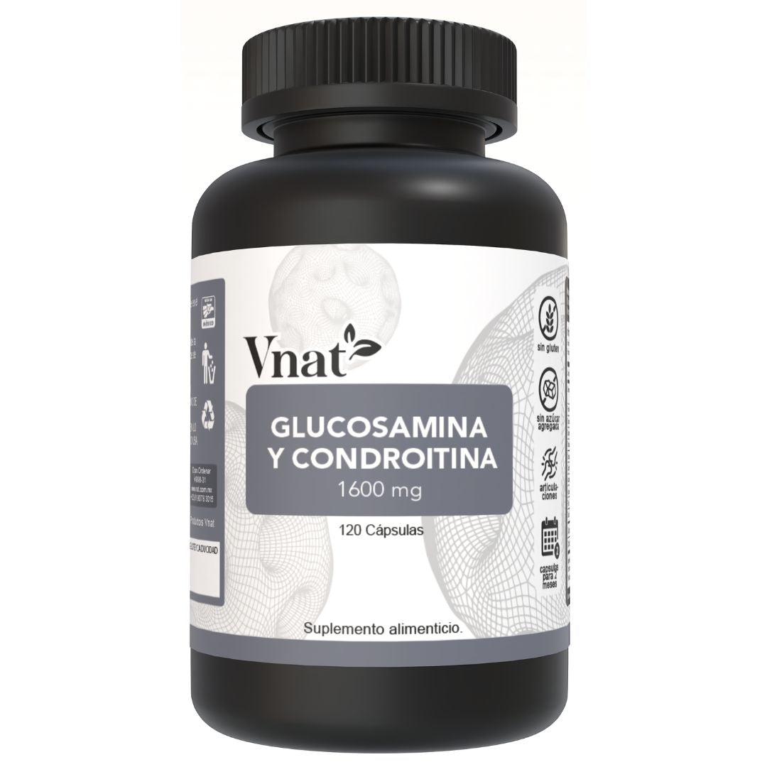 Bote de glucosamina y condroitina de 1600mg con 120 cápsulas, mostrando la etiqueta frontal del producto.