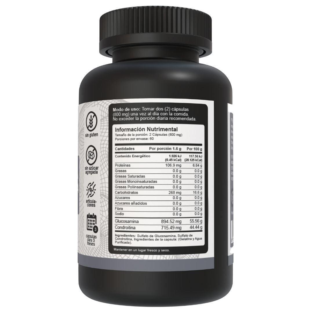 Bote de glucosamina y condroitina de 1600mg con 200 cápsulas, mostrando la tabla nutrimental en el lado derecho.