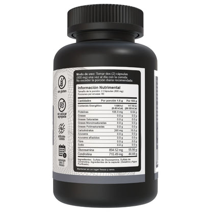 Bote de glucosamina y condroitina de 1600mg con 200 cápsulas, mostrando la tabla nutrimental en el lado derecho.