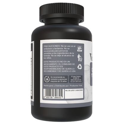 Bote de glucosamina y condroitina de 1600mg con 200 cápsulas, mostrando el uso y precauciones en el lado izquierdo.