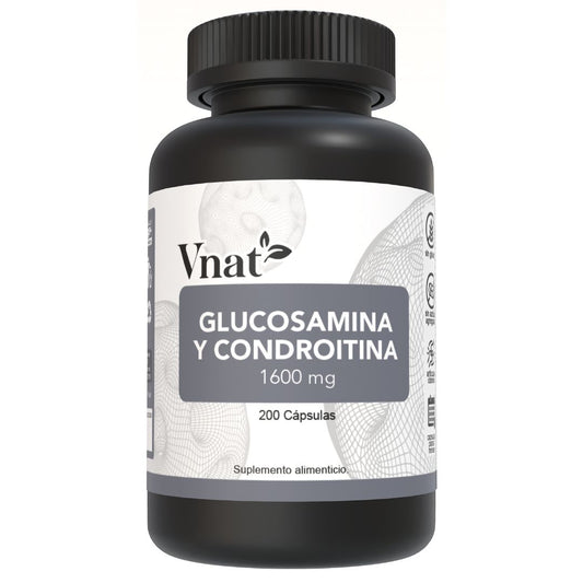 Bote de glucosamina y condroitina de 1600mg con 200 cápsulas, mostrando la etiqueta frontal del producto.