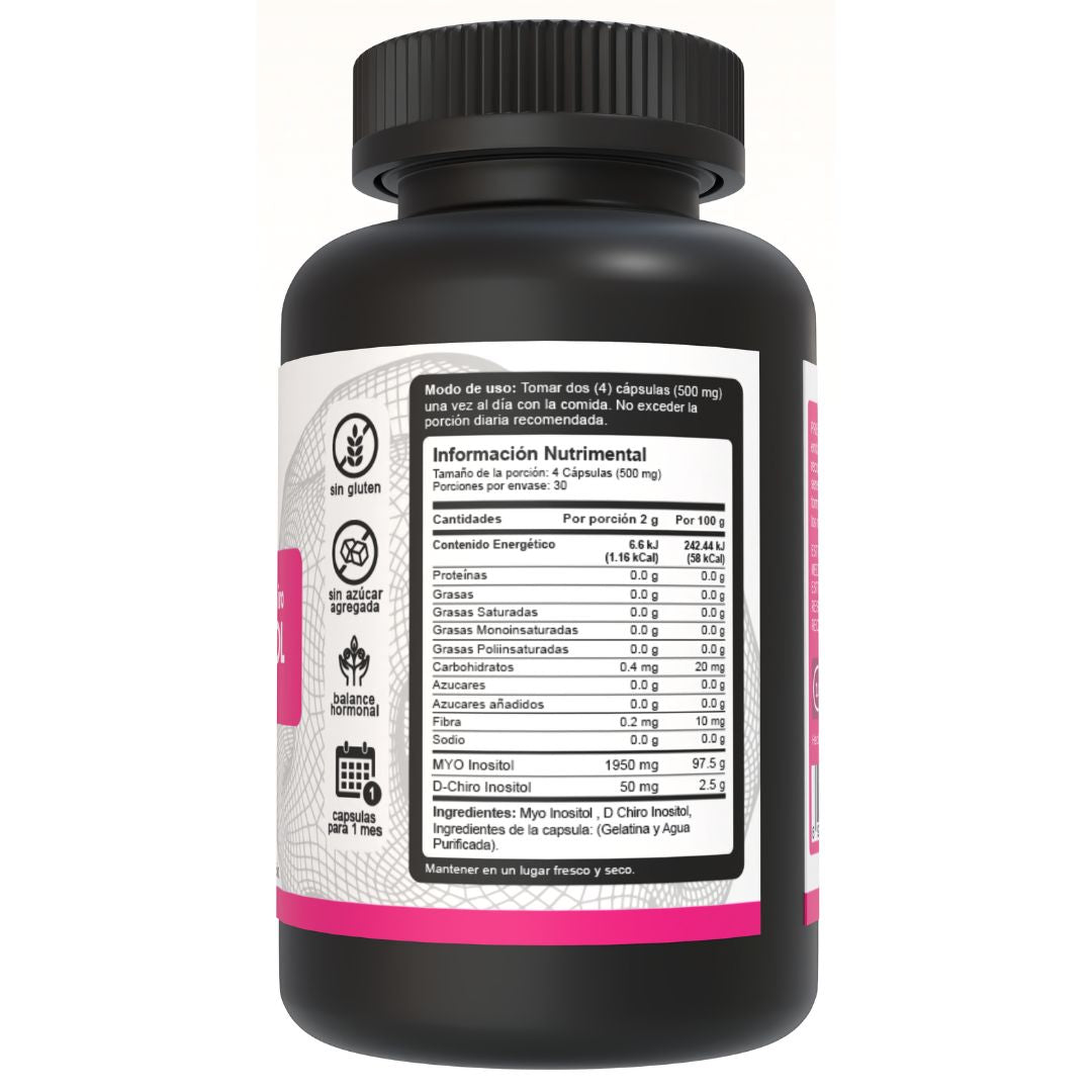 Bote de MYO y D-Chiro Inositol con 120 cápsulas, mostrando la tabla nutrimental en el lado derecho.