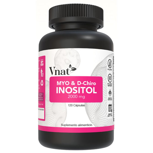 Bote de MYO y D-Chiro Inositol con 120 cápsulas, mostrando la etiqueta frontal del producto.