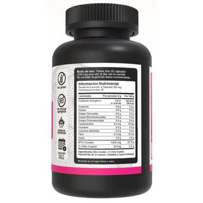 Bote de MYO y D-Chiro Inositol con 240 cápsulas, mostrando la tabla nutrimental en el lado derecho.