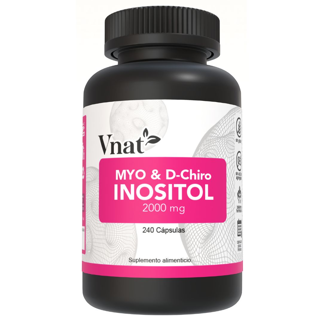 Bote de MYO y D-Chiro Inositol con 240 cápsulas, mostrando la etiqueta frontal del producto.