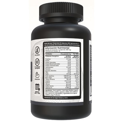 Bote de T-Men Complex de 4000mg con 150 cápsulas, mostrando la tabla nutrimental en el lado derecho.