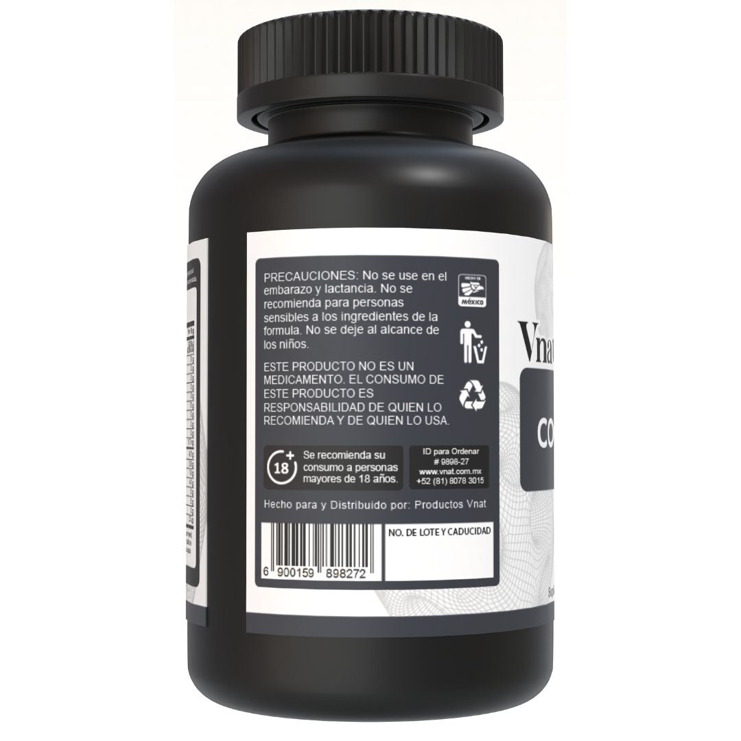 Bote de T-Men Complex de 4000mg con 150 cápsulas, mostrando el uso y precauciones en el lado izquierdo.