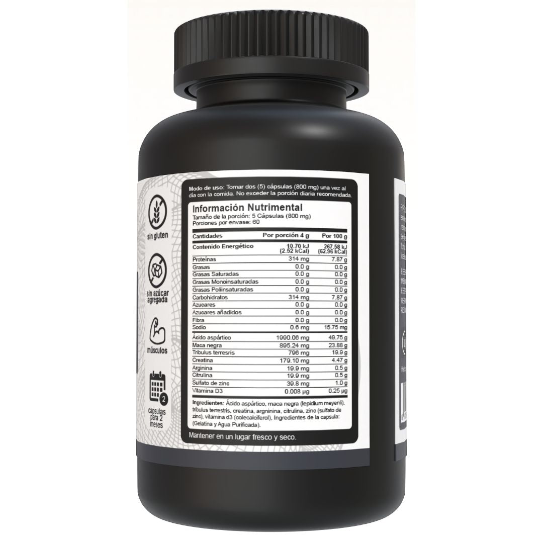 Bote de T-Men Complex de 4000mg con 300 cápsulas, mostrando la tabla nutrimental en el lado derecho.