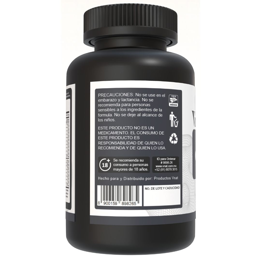 Bote de T-Men Complex de 4000mg con 300 cápsulas, mostrando el uso y precauciones en el lado izquierdo.