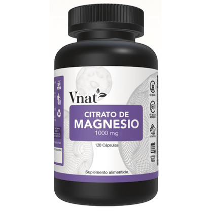 Frente del bote de Citrato de Magnesio 1000mg de 120 cápsulas de Vnat mostrando la etiqueta principal