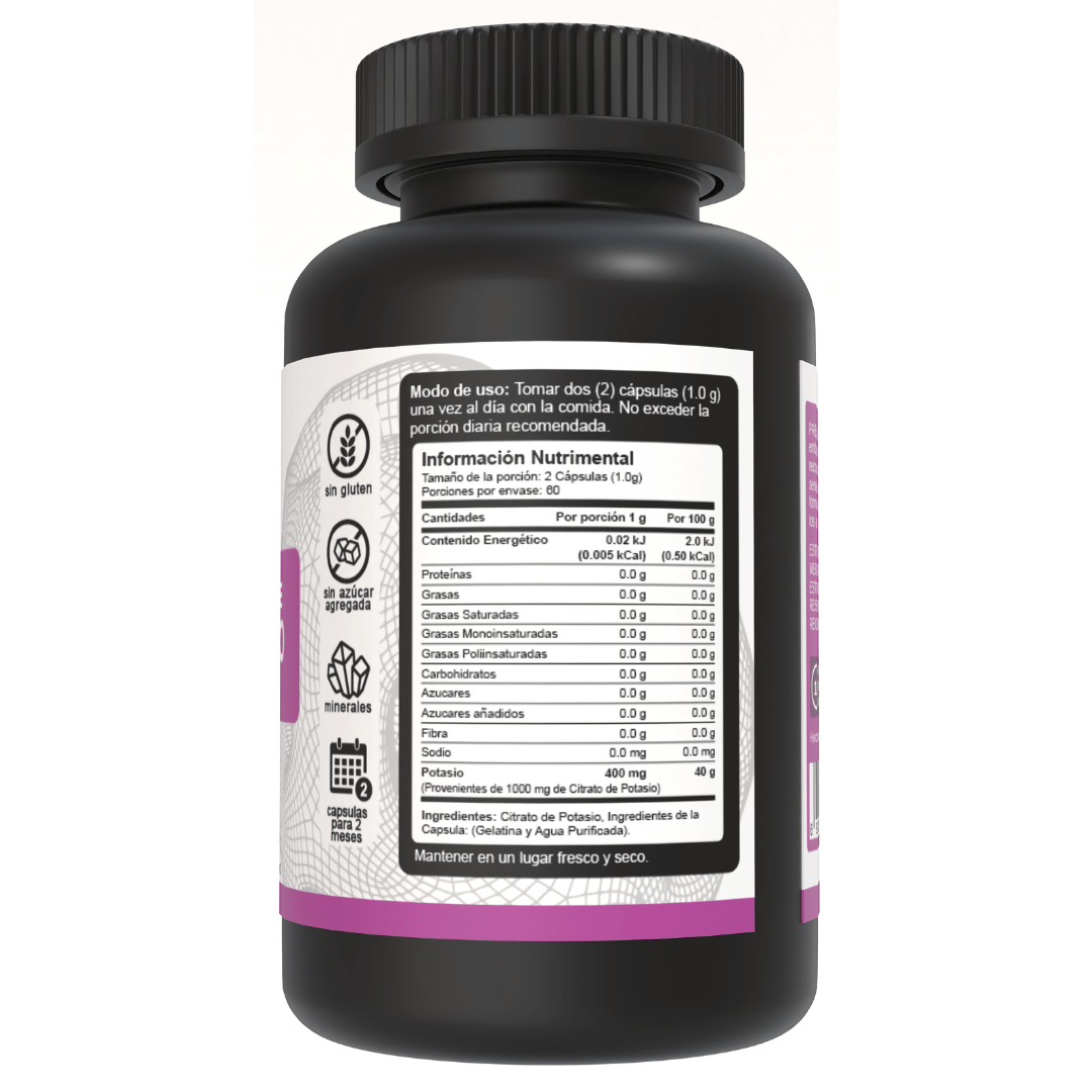 Lado derecho del bote de Citrato de Potasio 1000mg de 120 cápsulas de Vnat mostrando los ingredientes y la información nutricional