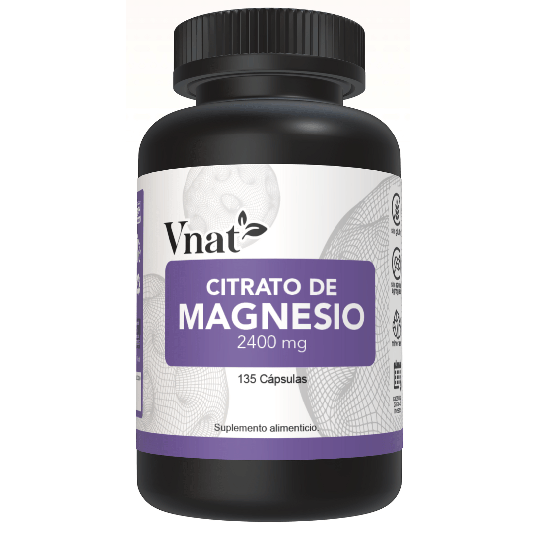 Frente del bote de Citrato de Magnesio 2400mg de 135 cápsulas de Vnat mostrando la etiqueta principal