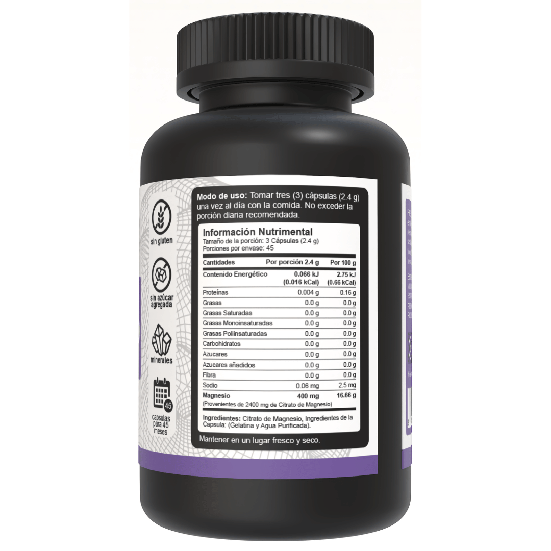 Lado derecho del bote de Citrato de Magnesio 2400mg de 135 cápsulas de Vnat mostrando los ingredientes y la información nutricional