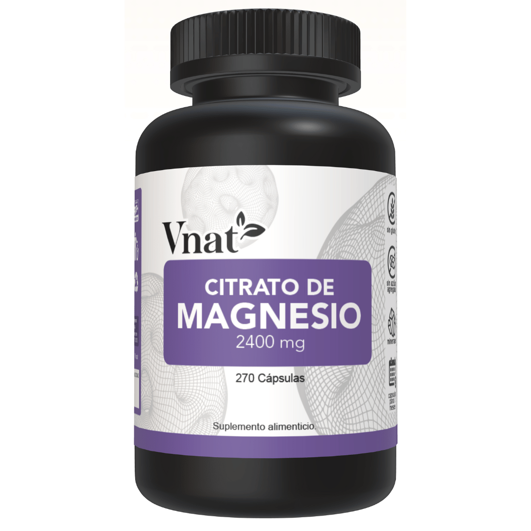 Frente del bote de Citrato de Magnesio 2400mg de 270 cápsulas de Vnat mostrando la etiqueta principal