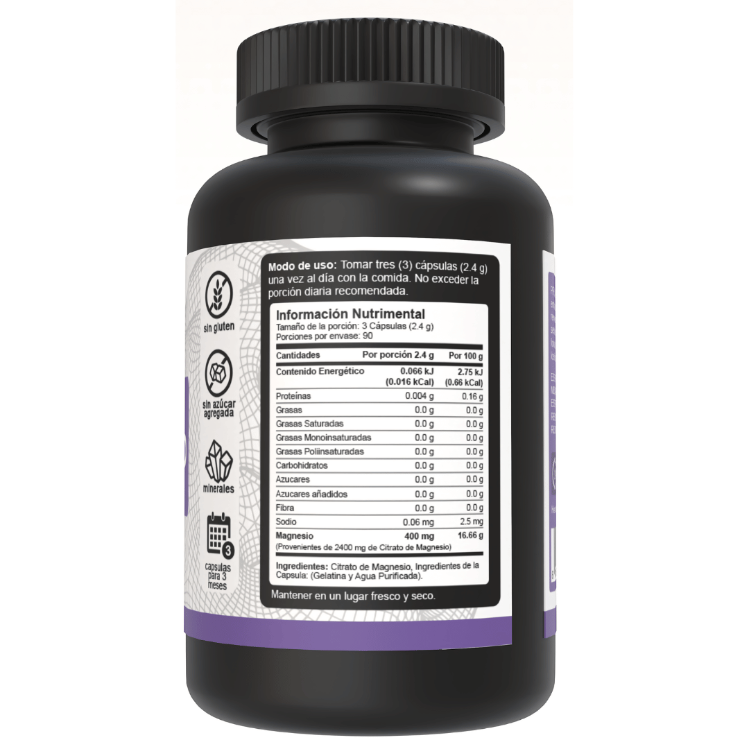 Lado derecho del bote de Citrato de Magnesio 2400mg de 270 cápsulas de Vnat mostrando los ingredientes y la información nutricional