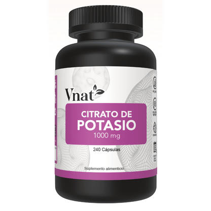 Frente del bote de Citrato de Potasio 1000mg de 240 cápsulas de Vnat mostrando la etiqueta principal