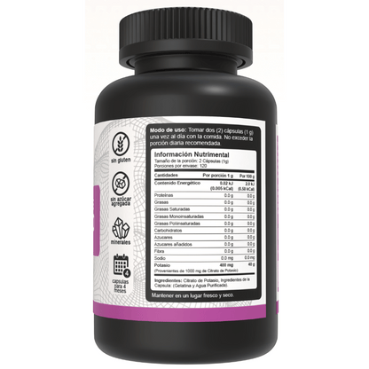  Lado derecho del bote de Citrato de Potasio 1000mg de 240 cápsulas de Vnat mostrando los ingredientes y la información nutricional