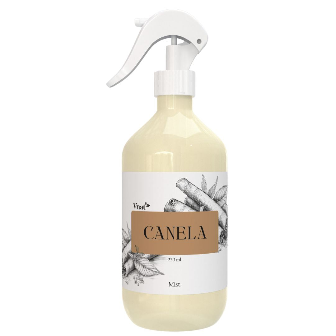 Botella de fragancia Mist de Canela de Vnat de 250 ml con diseño elegante y pulverizador blanco.