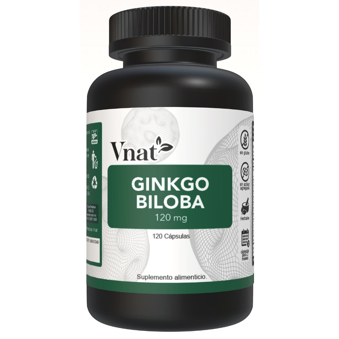 Frente del bote de Ginkgo Biloba 120mg de 120 cápsulas de Vnat mostrando la etiqueta principal