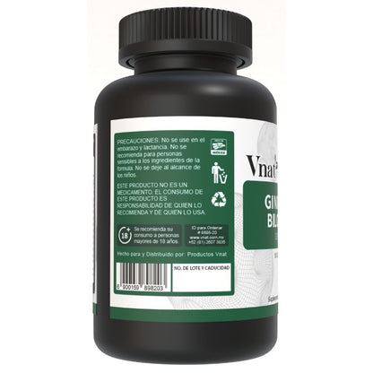 Lado izquierdo del bote de Ginkgo Biloba 120mg de 120 cápsulas de Vnat mostrando información adicional del producto