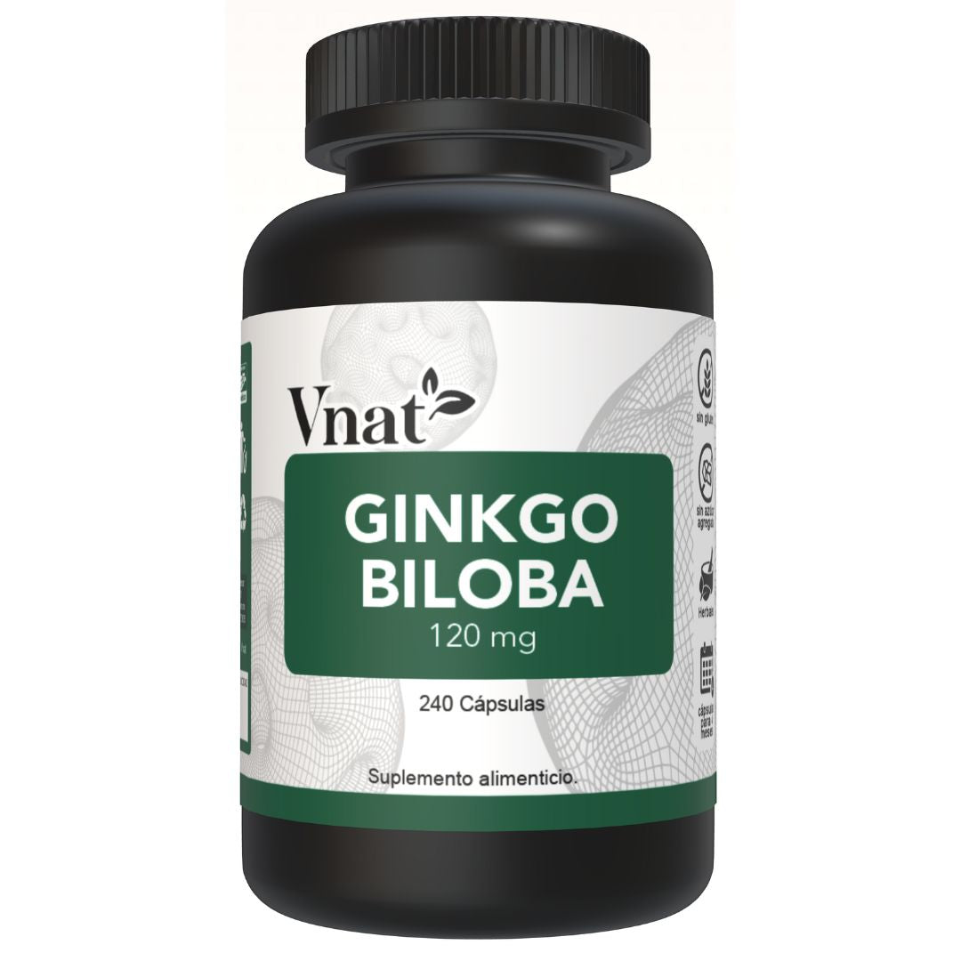 Frente del bote de Ginkgo Biloba 120mg de 240 cápsulas de Vnat mostrando la etiqueta principal