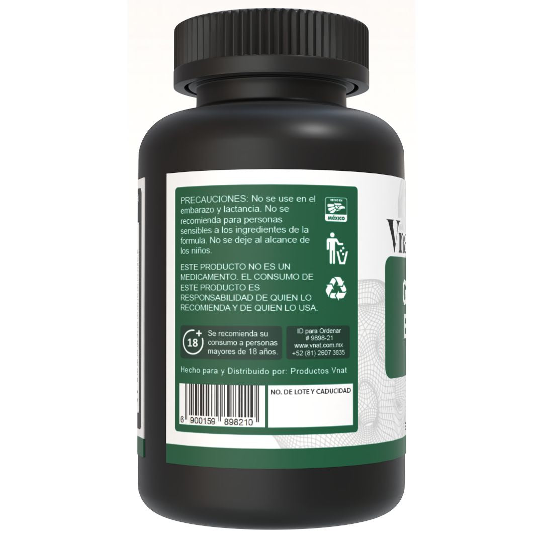 Lado izquierdo del bote de Ginkgo Biloba 120mg de 240 cápsulas de Vnat mostrando información adicional del producto