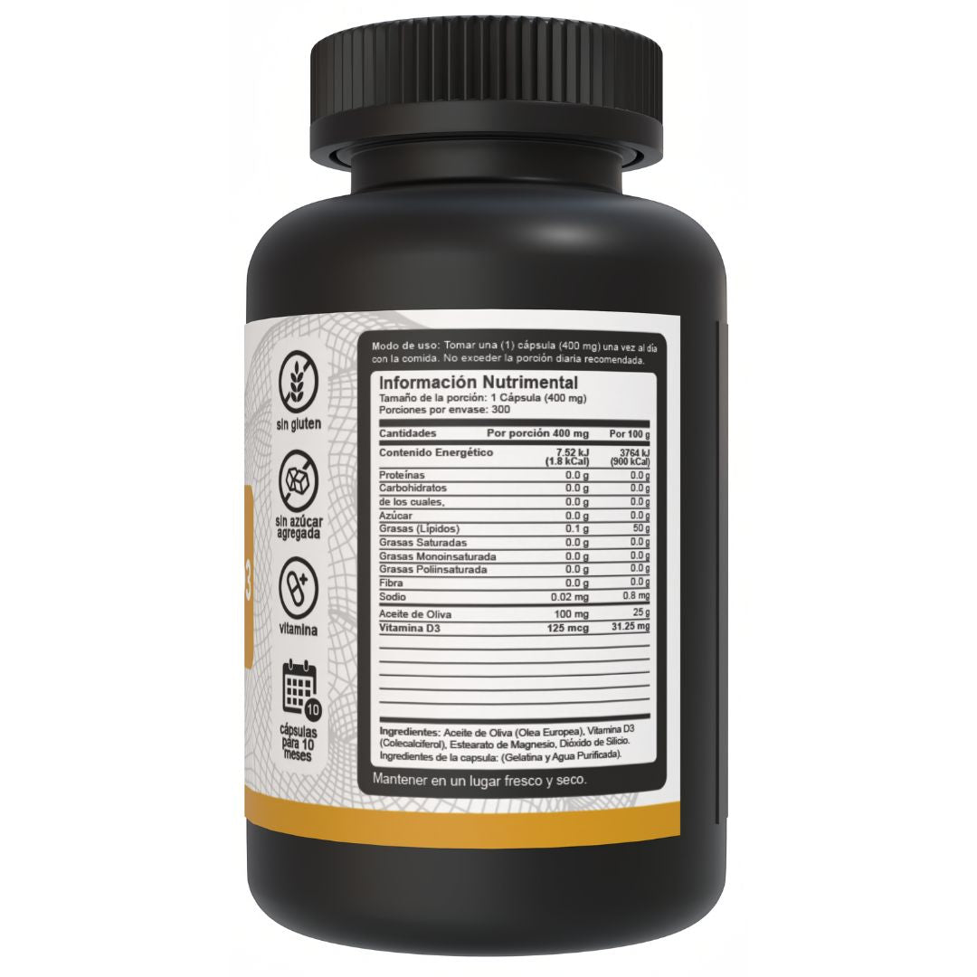 Lado derecho del bote de Vitamina D3 5000 IU y 125 mcg Vnat 300 Cápsulas, mostrando la tabla nutrimental e ingredientes de alta calidad.