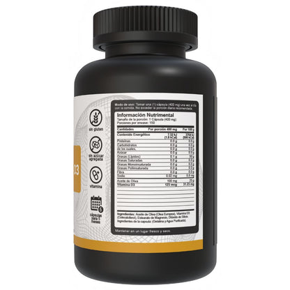 Lado derecho del bote de Vitamina D3 5000 IU y 125 mcg Vnat, mostrando la tabla nutrimental e ingredientes de alta calidad.