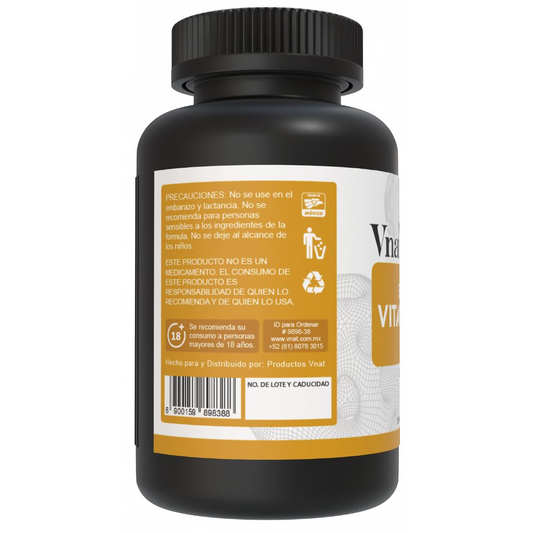 Lado izquierdo del bote de Vitamina D3 5000 IU y 125 mcg Vnat 300 Cápsulas, con precauciones y recomendaciones para un consumo adecuado.