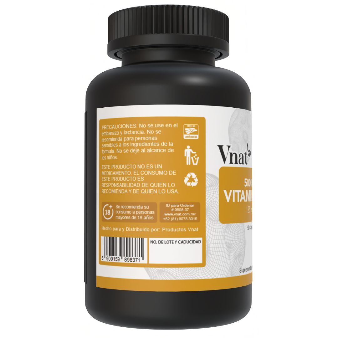 Lado izquierdo del bote de Vitamina D3 5000 IU y 125 mcg Vnat, con precauciones y recomendaciones para un consumo adecuado.