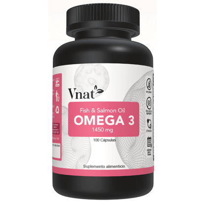  Frente del bote de Omega 3 Fish and Salmon Oil 1450mg de 100 cápsulas de Vnat mostrando la etiqueta principal