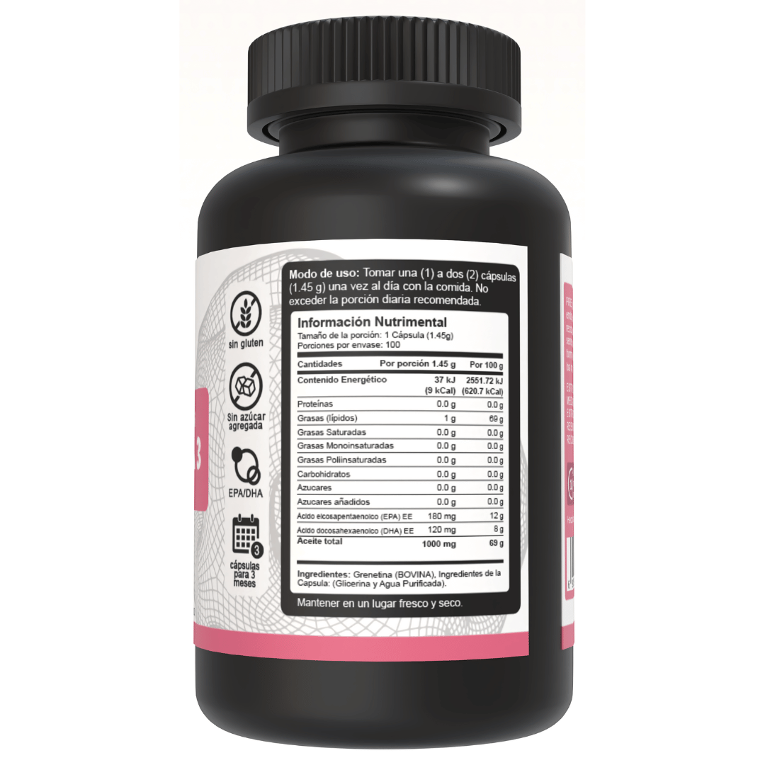 Lado derecho del bote de Omega 3 Fish and Salmon Oil 1450mg de 100 cápsulas de Vnat mostrando los ingredientes y la información nutricional