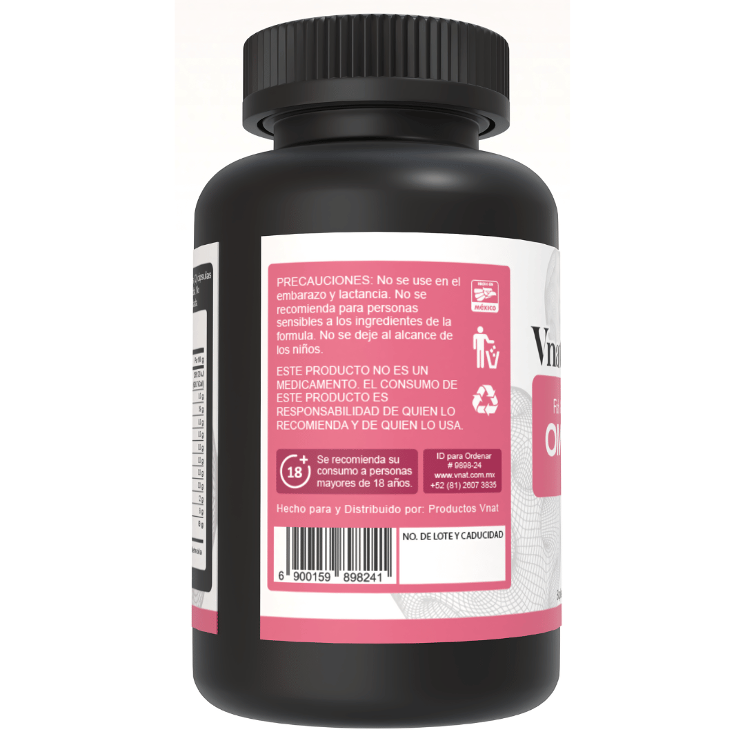 Lado izquierdo del bote de Omega 3 Fish and Salmon Oil 1450mg de 100 cápsulas de Vnat mostrando información adicional del producto