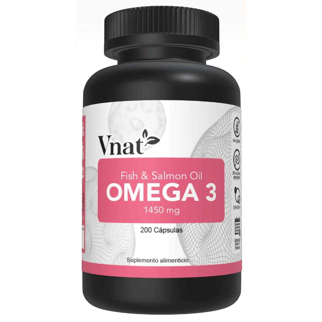 Frente del bote de Omega 3 Fish and Salmon Oil 1450mg de 200 cápsulas de Vnat mostrando la etiqueta principal