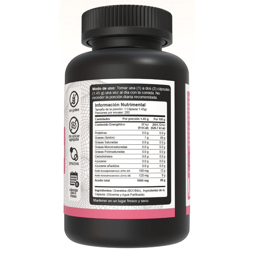 Lado derecho del bote de Omega 3 Fish and Salmon Oil 1450mg de 200 cápsulas de Vnat mostrando los ingredientes y la información nutricional