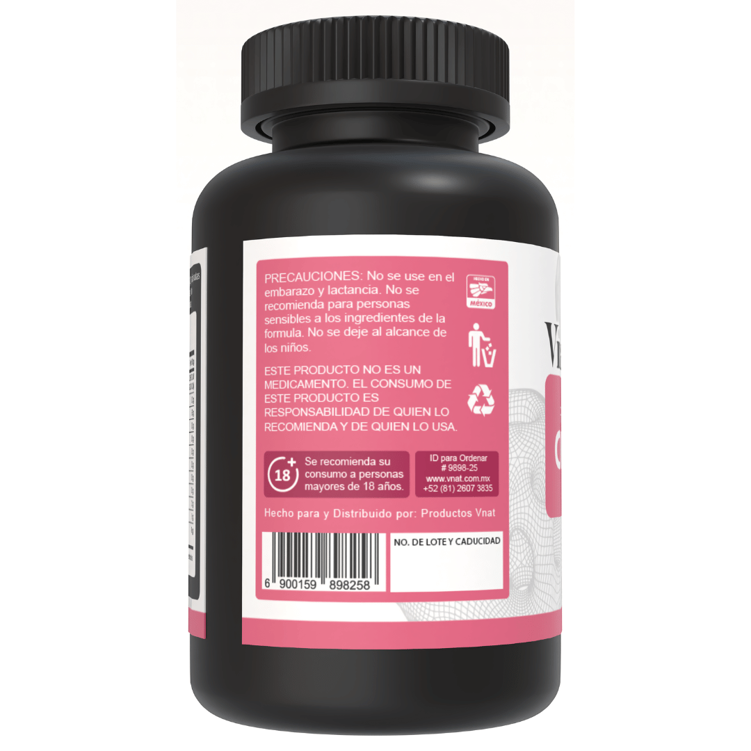 Lado izquierdo del bote de Omega 3 Fish and Salmon Oil 1450mg de 200 cápsulas de Vnat mostrando información adicional del producto