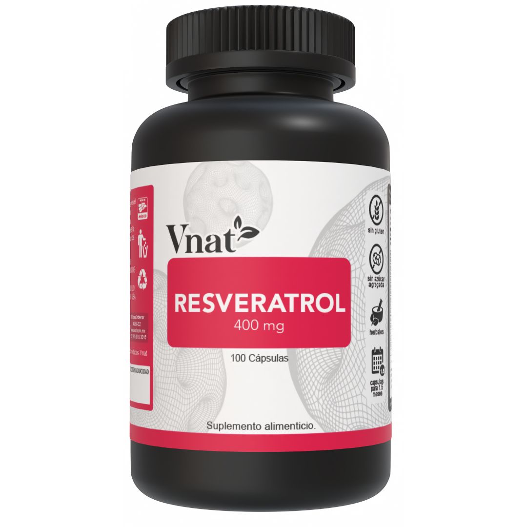 Bote de resveratrol de 400mg de la marca Vnat, en presentación de 100 cápsulas, diseñado para apoyar el bienestar general y estilo de vida saludable.