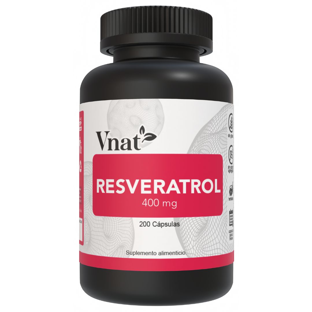 Bote de resveratrol de 400mg de la marca Vnat, en presentación de 200 cápsulas, diseñado para apoyar el bienestar general y estilo de vida saludable.