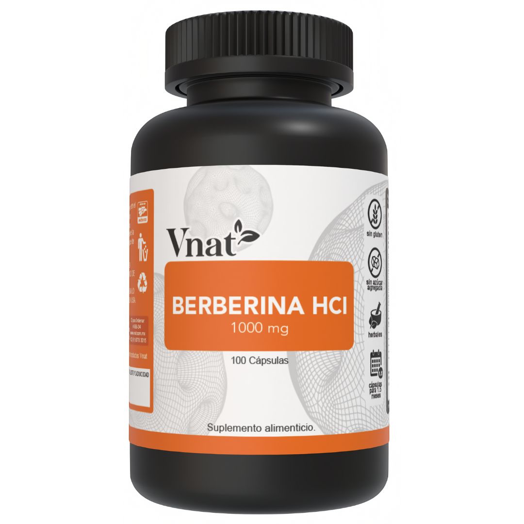 Bote de Berberina HCI de 1000mg de la marca Vnat, en presentación de 100 cápsulas, formulado para apoyar el bienestar general y la salud natural.