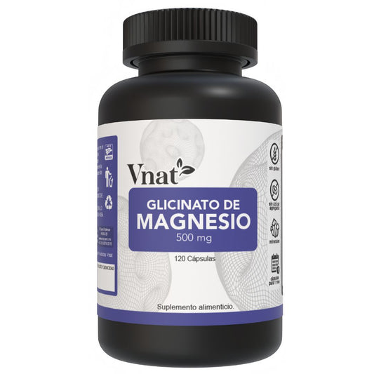 Bote de glicinato de magnesio de 500mg de la marca Vnat, en presentación de 120 cápsulas, diseñado para apoyar el bienestar general y la vitalidad.