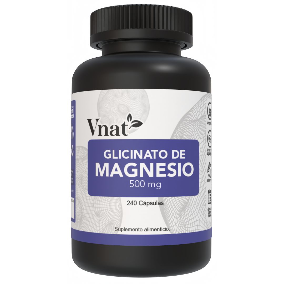 Bote de glicinato de magnesio de 500mg de la marca Vnat, en presentación de 240 cápsulas, diseñado para apoyar el bienestar general y la vitalidad.