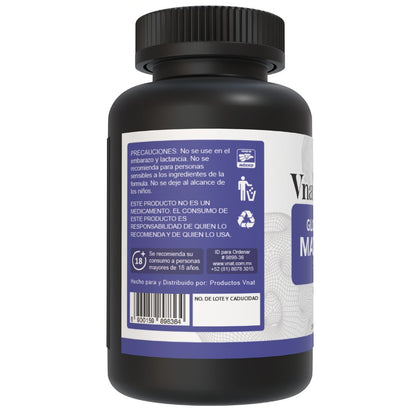 Lado izquierdo del bote de glicinato de magnesio 500mg Vnat 240 Cápsulas, con precauciones y recomendaciones de uso para un consumo seguro.