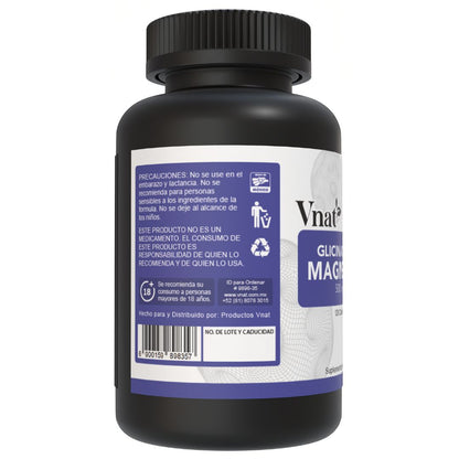 Lado izquierdo del bote de glicinato de magnesio 500mg Vnat, con precauciones y recomendaciones de uso para un consumo seguro.