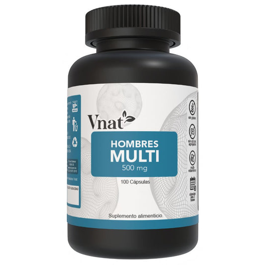 Bote de suplemento multivitamínico para hombres de 500mg de la marca Vnat, en presentación de 100 cápsulas, diseñado para apoyar la vitalidad y el bienestar masculino.